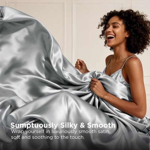Bedsure Satin Sheets - 4-Piece Queen Size Silky Bedsheets with Deep Pocket & Elastic Straps | Silver Grey