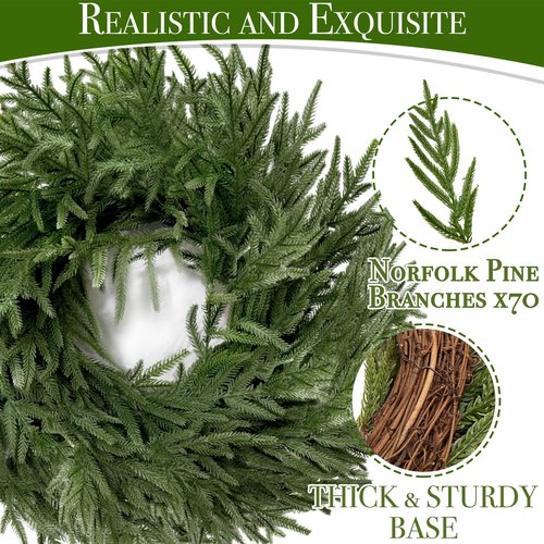 24 Inch Real Touch Norfolk Pine Wreath Christmas Wreaths for Front Door, Large Artificial Christmas Wreath Outdoor Greenery Wreaths for Wall Window Porch Farmhouse Indoor Outdoor Home Holiday Decor