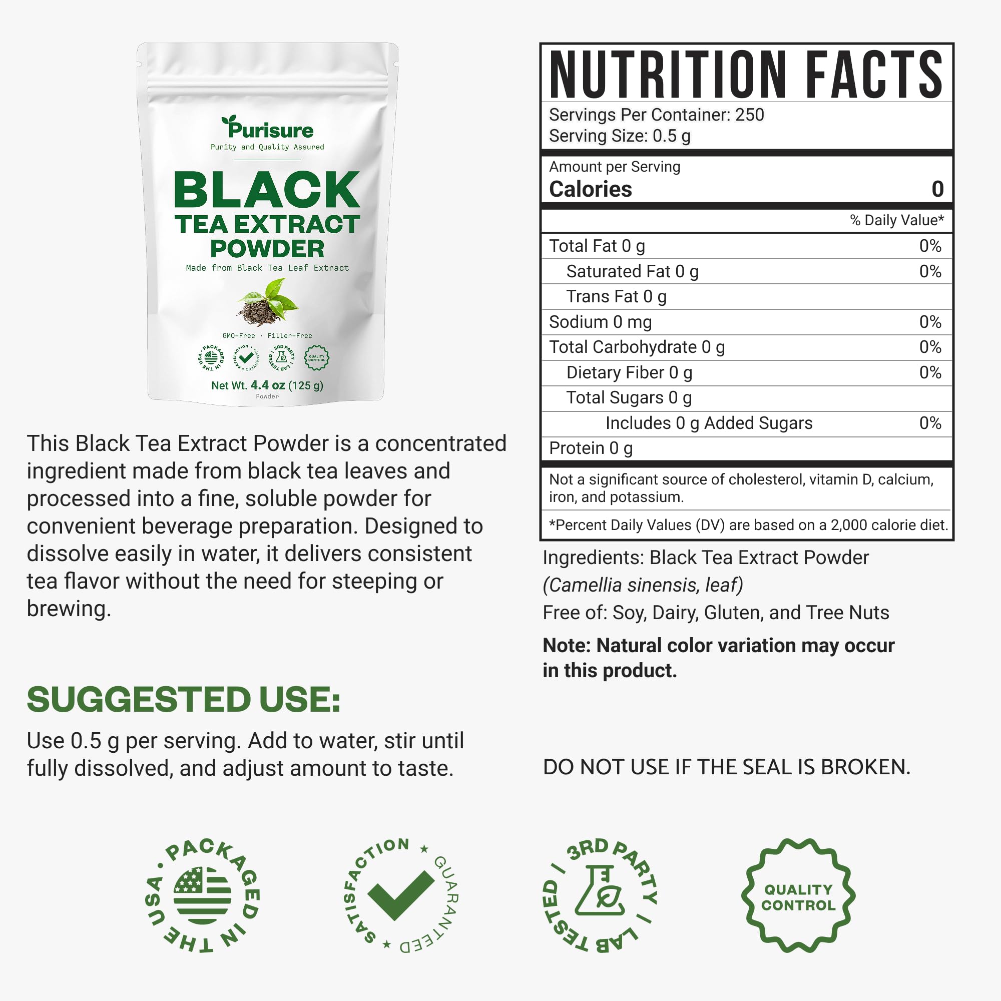Instant Black Tea Extract Powder, Unsweetened Iced Tea Extract Powder from Real Black Tea Leaves for Hot or Cold Drinks, Instant Black Tea Mix for Beverages, Smooth Mixing, Zero Additives, Non-GMO, 125g , 250 Servings