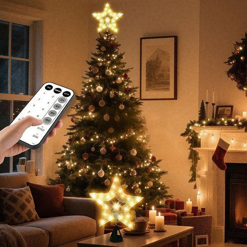 10" Christmas Tree Star Topper with Lights, Shatterproof Plastic Star Christmas Tree Topper Lighted for Christmas Tree Decorations, Warm Glow & USB Plug in