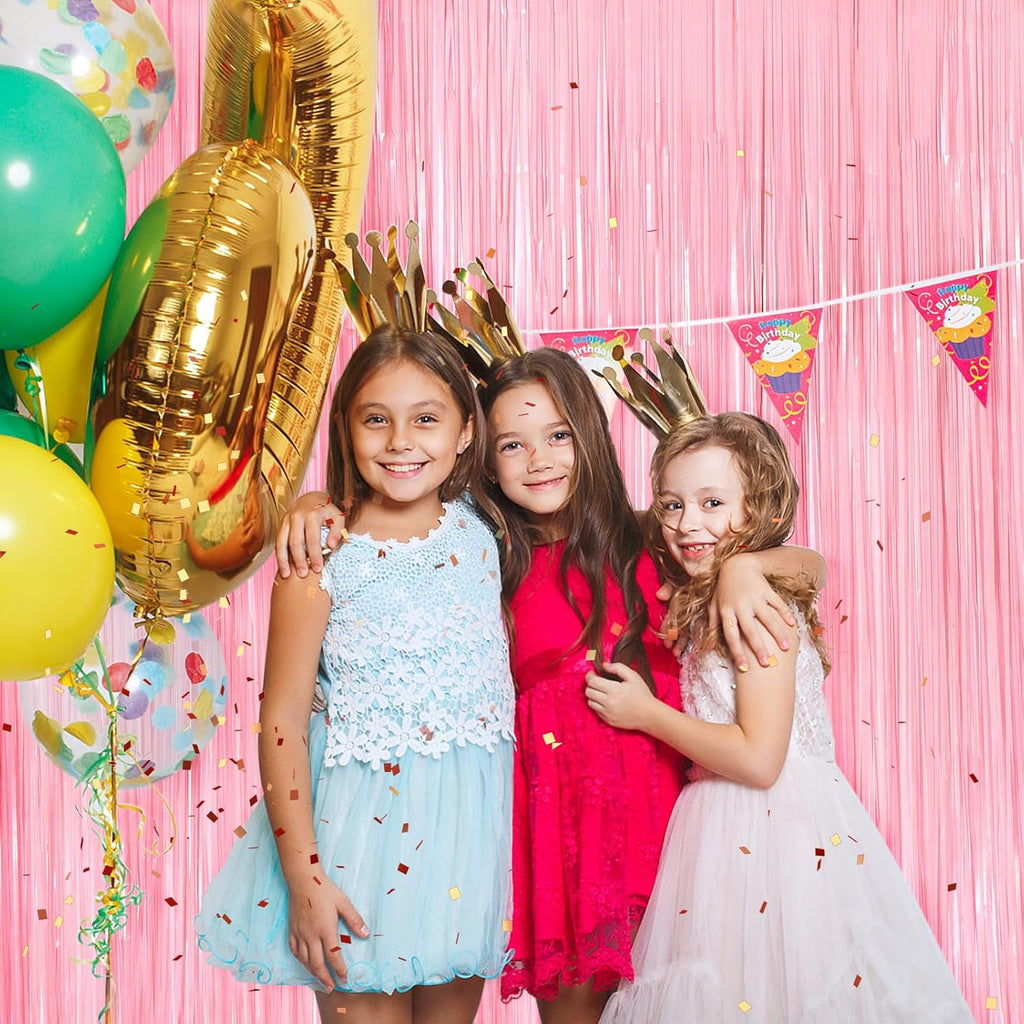 Skiennix Pastel Pink Metallic Tinsel Foil Fringe Curtains - 2 Pack 3.3x8.3 Feet Backdrop for Events