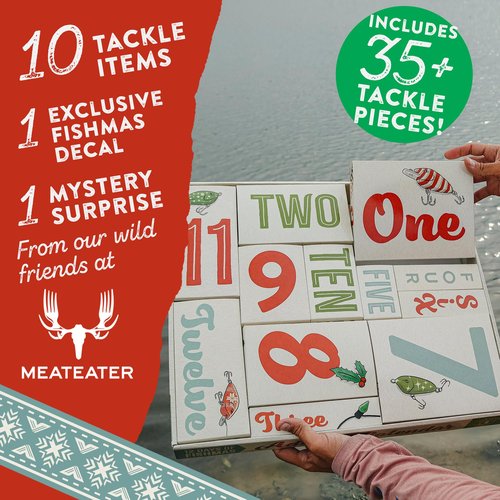 Mystery Tackle Box 12 Days of Fishmas Advent Calendar – Bass Fishing Lure Gift Set with 35 baits & lures including 10 Premium Baits, Holiday Decal & Meateater Trivia Pack