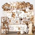 cocomigo 238 PCS Beary First Birthday Decorations, All-in-One Brown Bear Party Pack Service 20, With Banners, Backdrop, Cake Topper, Balloons, Plates and Napkins for Beary 1st Birthday Party
