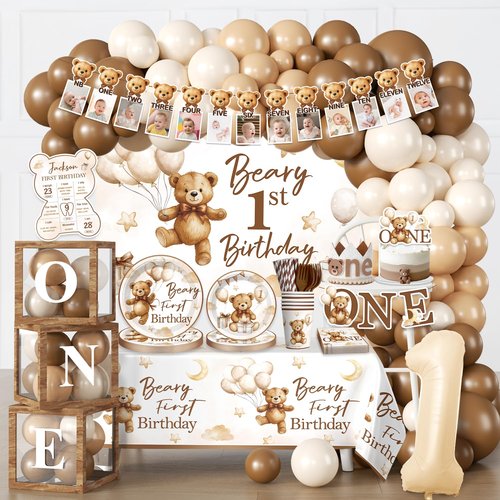 cocomigo 238 PCS Beary First Birthday Decorations, All-in-One Brown Bear Party Pack Service 20, With Banners, Backdrop, Cake Topper, Balloons, Plates and Napkins for Beary 1st Birthday Party