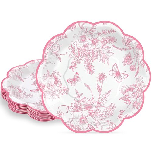 NatNarr 30Pcs Pink Floral Paper Plates, 7inch Scalloped Vintage Plates Pink Flower Paper Plate Disposable Tea Party Plate for Garden Party Birthday Baby Bridal Shower Valentines