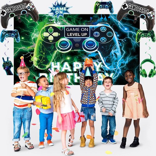 Video Game Party Decorations Set – Gamer Birthday Supplies with Backdrop, Table Cover, Hanging Swirls, Cake Toppers, Foil Balloons for Boys & Kids
