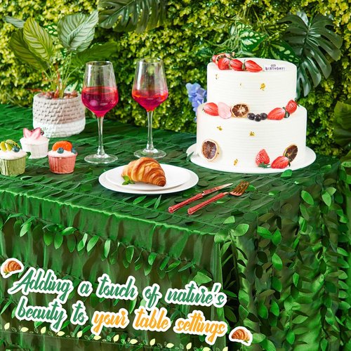 Preboun 90 x 132 Inch Green Taffeta Tablecloth Leaf Petal 3D Table Cloth Events Table Cover for Forest Party Wedding Event Banquet Outdoor