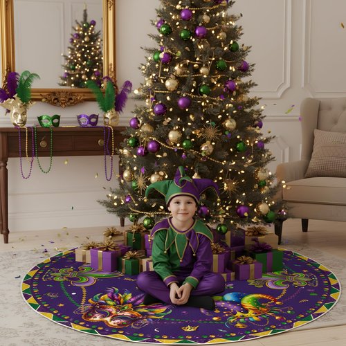 VISSTREE Mardi Tree Skirt, 48 Inch Mardi Carnival Tree Decorations, Purple Carnival Masquerade Mask Round Collar Mat for Christmas Gras Holiday Festive Party Indoor Ornaments Home Decor