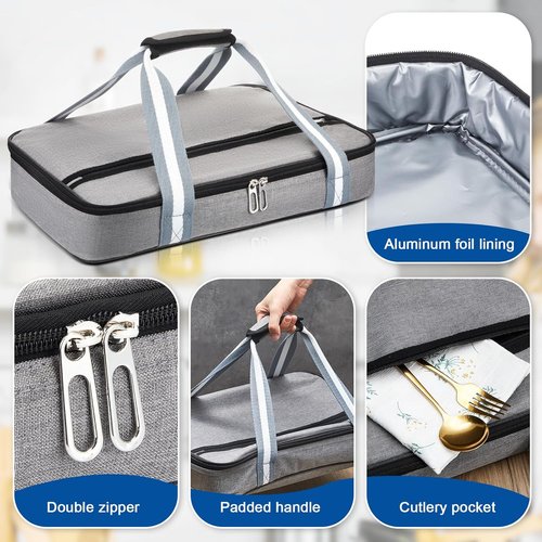 FoldTier Glass Baking Dish - 9 x 13 Inch Casserole with Lid & Insulated Carrier Bag for Hot or Cold Food
