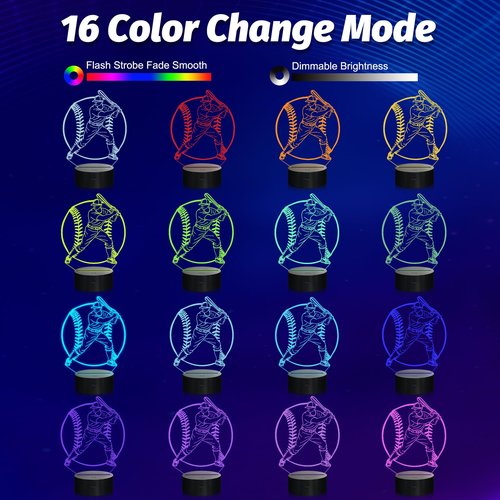 Attviolife Baseball Night Light, Baseball Gifts for Kids, 3D Optical Illusion Bedside LED Lamp with Remote Control & 16 Colors Changing & Timer, Teens Boys Men Sport Fan Christmas Birthday Presents