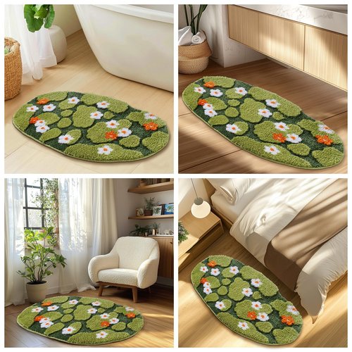 Naoloture Green Floral Moss Bathroom Rug Bath Mat, Ultra Thick Soft 3D Aesthetic Decor Cute Tufted Bath Rugs, Non Slip Absorbent Washable Moss Carpet for Shower Floor Sink Bedroom, 20x32 Inch
