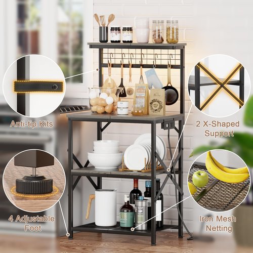 Furologee Bakers Rack with Power Outlet and LED Light, Small Coffee Bar Station with 4 Tier Shelves, Microwave Stand Table with 6 S Hooks, Kitchen Storage Rack for Spices, Pots, Black Oak