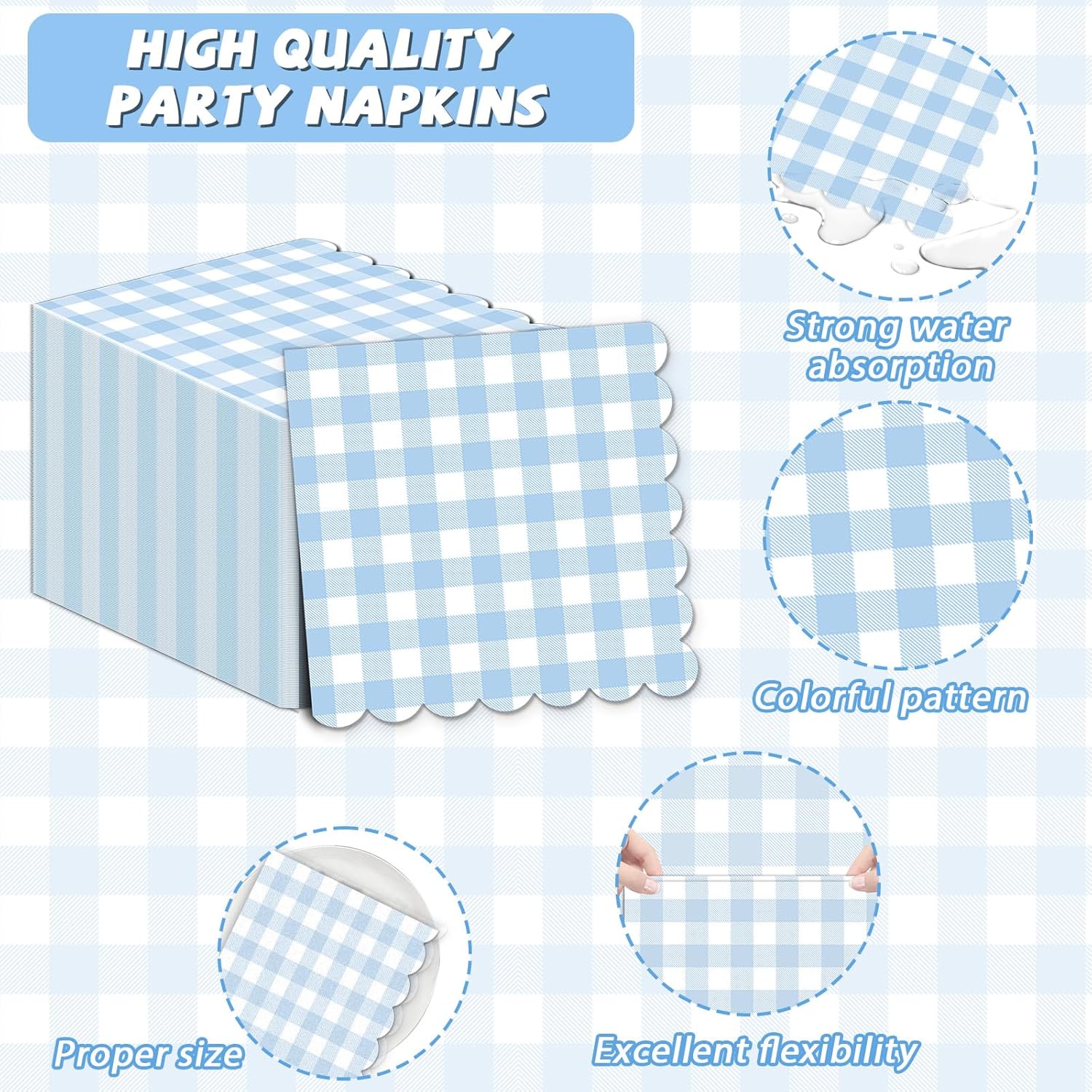 Regine Switzerland 100Pcs Blue & White Scalloped Napkins - 6.5in Disposable Party Supplies for Weddings & Showers