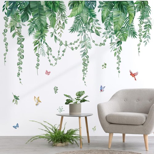 wondever Green Tropical Leaves Wall Stickers Hanging Vines Palm Leaf Plants Peel and Stick Wall Art Decals for Bedroom Living Room Sofa