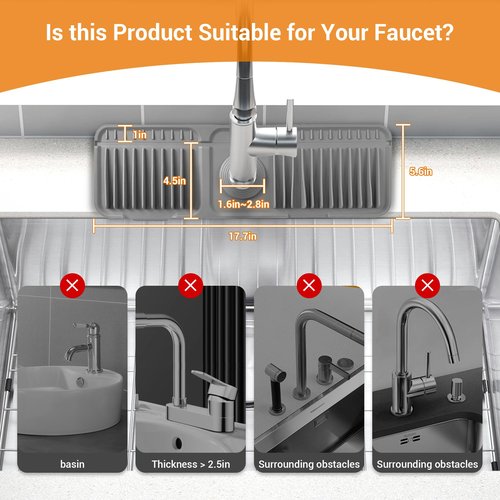 ZJWZLG Faucet Mat for Kitchen Sink, 17.7"X5.5" Silicone Sink Splash Guard with Soap Holder, Snap-On Design & 7°slope Fast Drain, Folding Sink Faucet Mat for Universal Kitchen Bathroom Sink（Grey）