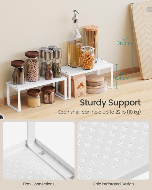 SONGMICS Spice Racks, Set of 2 Metal Cabinet Shelf Organizers, Countertop Organizers, Shelf Risers, Stackable, Expandable, White UKCS003W01