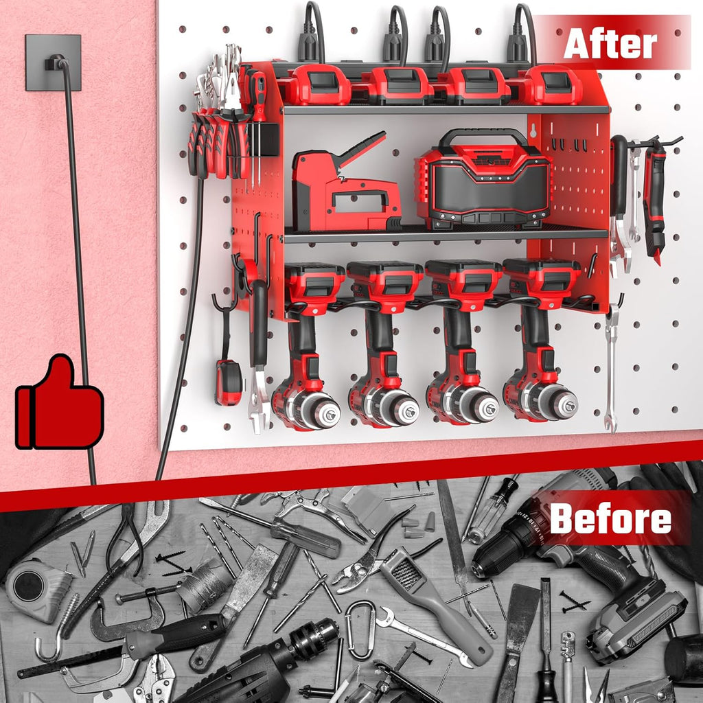 ZESEN Power Tool Organizer - Heavy Duty 3-Layer Wall Mount Shelf with Charging Station & Hooks | Red