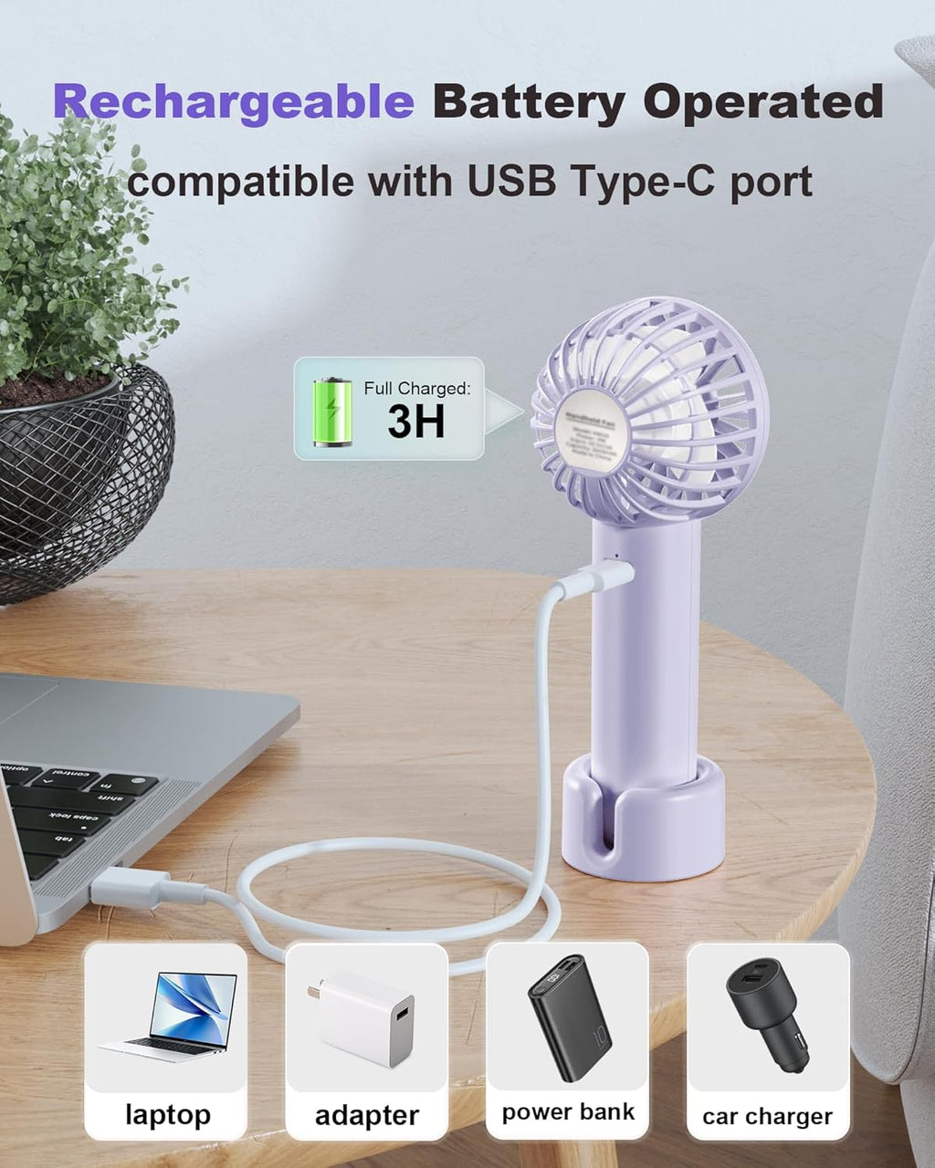 Skiennix Mini Handheld Fan - USB Rechargeable, 3-Speed Portable Design for Travel & Makeup - Purple