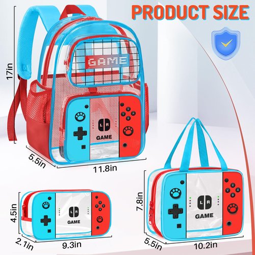 TILYTADLY 3PCS Clear Backpack for School - Gamer Kids Clear Backpacks for Boys and Girls,Heavy Duty Transparent Bookbag with Lunch Bag and Pencil Case - See Through PVC Transparent Bookbag