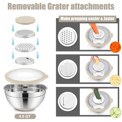 E-far Mixing Bowls with Lids Set, 15PCS Stainless Steel Mixing Nesting Bowl with Colander & 3 Metal Grater for Kitchen Prep/Baking/Storage, Non-Slip Bottom & Airtight Lid, 4.6, 3, 1.5, 1, 0.7QT, Khaki