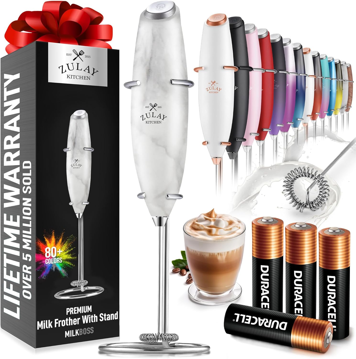 Zulay Kitchen Milk Frother Wand - Ultra-Fast Handheld Electric Whisk for Coffee & Lattes - Marble Finish