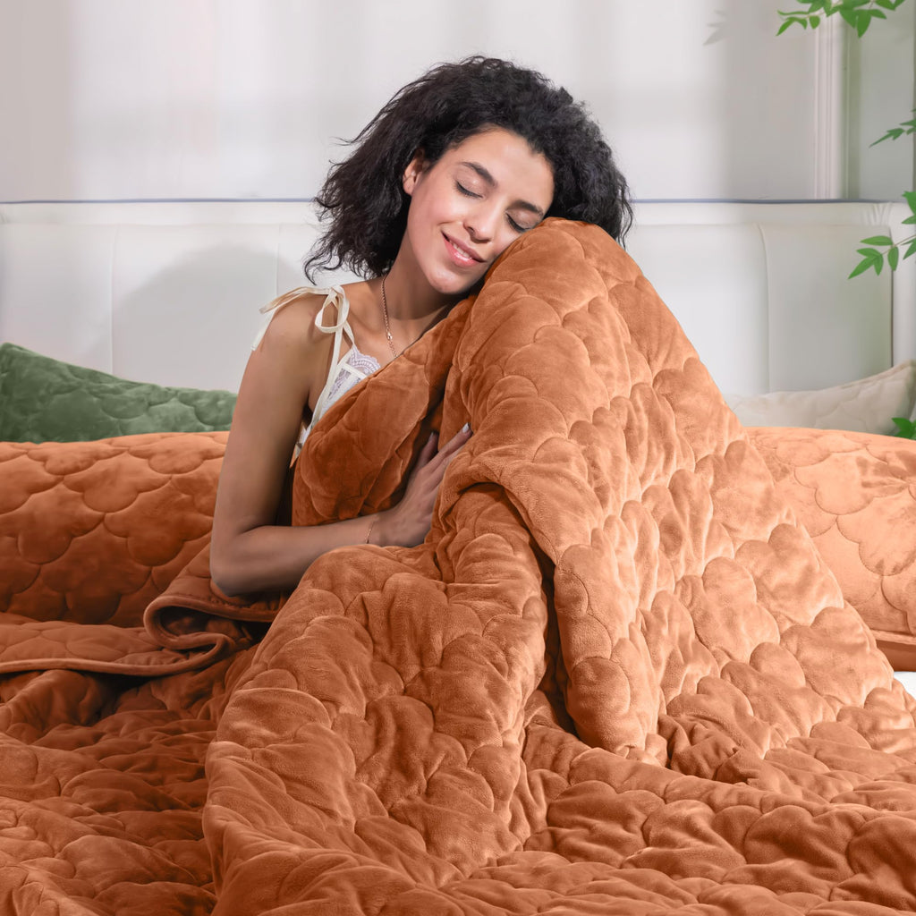 PlushHavenCloud Velvet Quilt Set Queen Size - Luxury Lightweight Velvet Bed Comforter & 2 Pillow Shams | Oversized Coverlet Bedspread 3 Piece | Oeko-TEX All Season Bedding Caramel