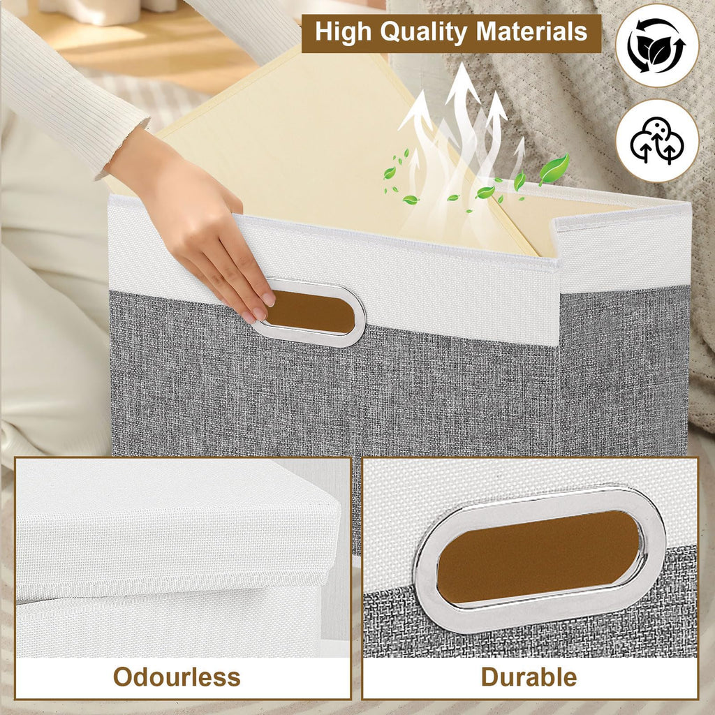 Yawinhe Fabric Storage Bins with Lids, Decorative Boxes with 2 Metal Handles, Waterproof Cube Organizer Basket, Closet Containers, White/Gray, 17.3''Lx11.8''Wx11.8''H, 5-Pack