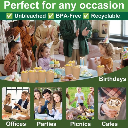 PULOSPACK 200 Pack 8 oz Brown Disposable Paper Coffee Cups, Durable Leak-Proof Kraft Paper Cups for Hot/Cold Drinks, Unbleached Paper Cups for Home, Office, Party, Cafes, Events