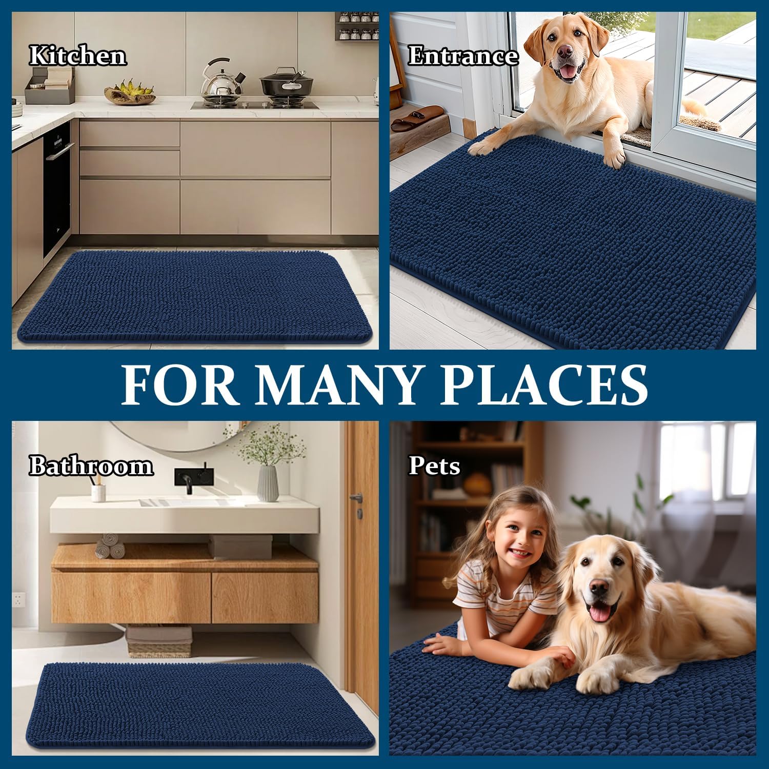 OLANLY Dog Door Mat - Absorbent Non-Slip Chenille Mud Mat for Muddy Paws | 47x24, Dark Blue