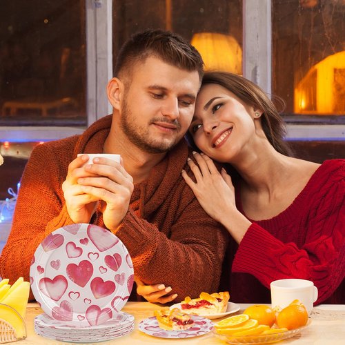 PUEVENYI 50PCS Valentine's Day Paper Plates - 7Inch Pink Heart Love Print Dessert Plates for Cake Salad Fruit Pizza,Disposable Decoration Supplies for Valentine's Wedding Anniversaries Birthday Party