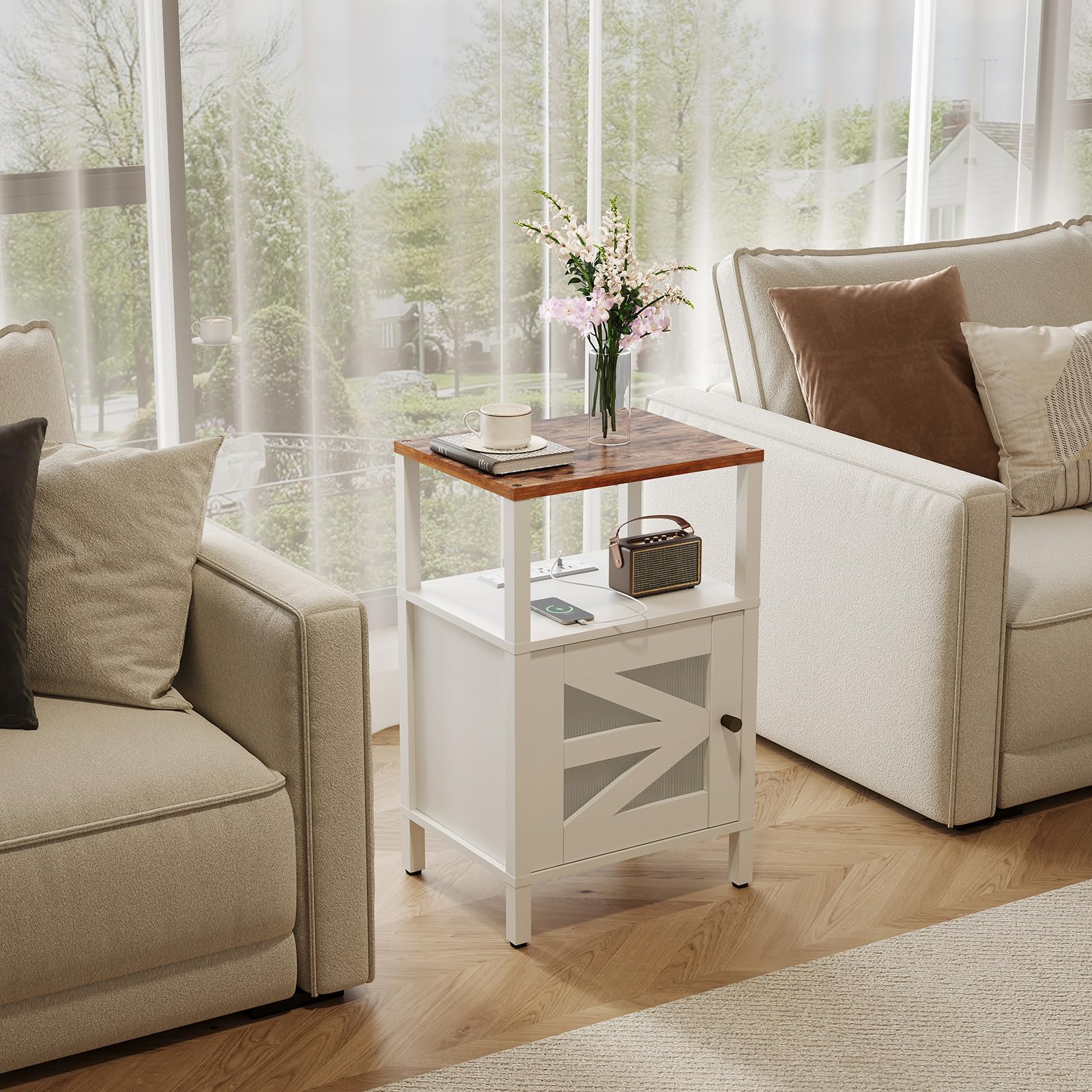 MAHANCRIS Farmhouse Nightstand with Charging Station, Rustic Bedside Table with USB Ports and Outlets, End Table Living Room with Storage, Side Table for Bedroom, White and Rustic Brown ETRW97E01