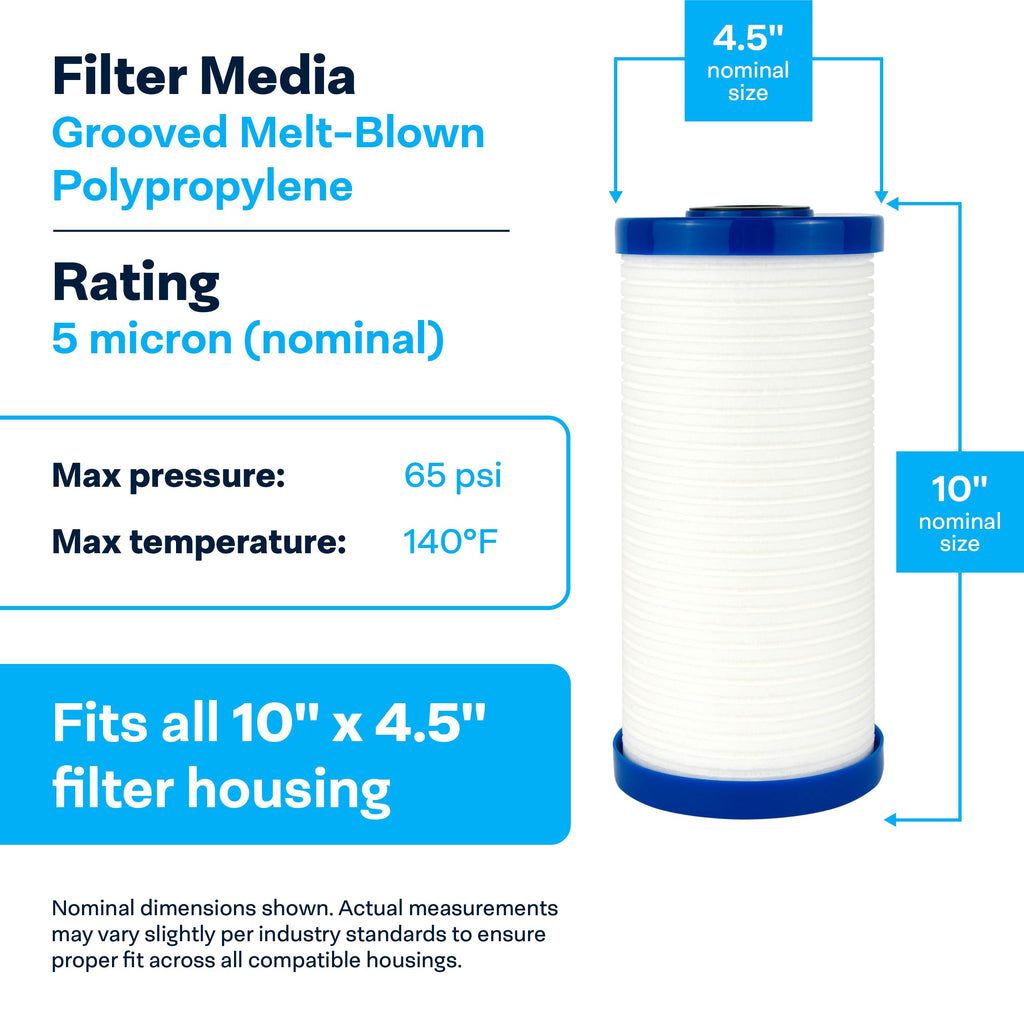 SpiroPure SP-AP810-BB 10x4.5 5 Micron Grooved Melt-Blown Polypropylene Sediment Water Filter Cartridge AP810 (Case of 8)