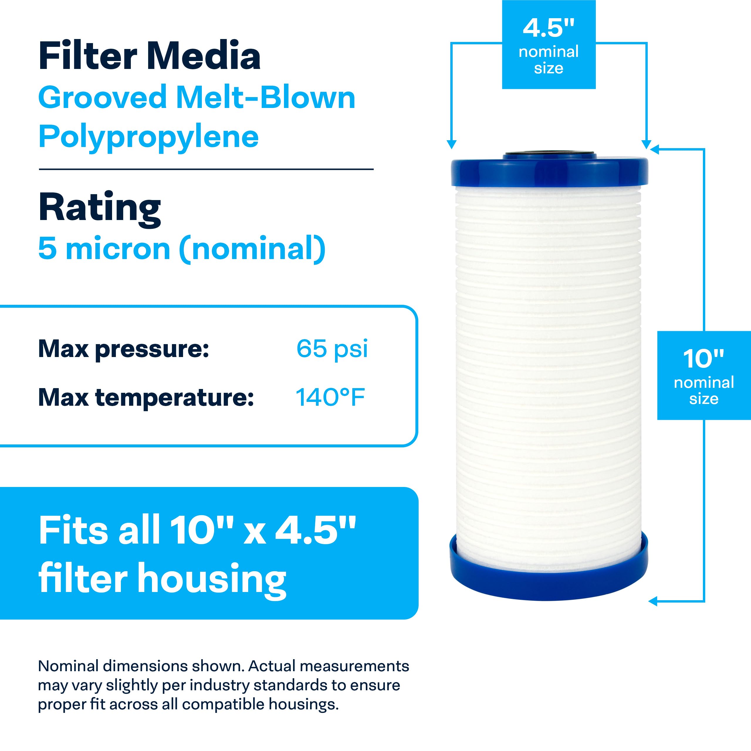 SpiroPure SP-AP810-BB 10x4.5 5 Micron Grooved Melt-Blown Polypropylene Sediment Water Filter Cartridge AP810 (Case of 8)