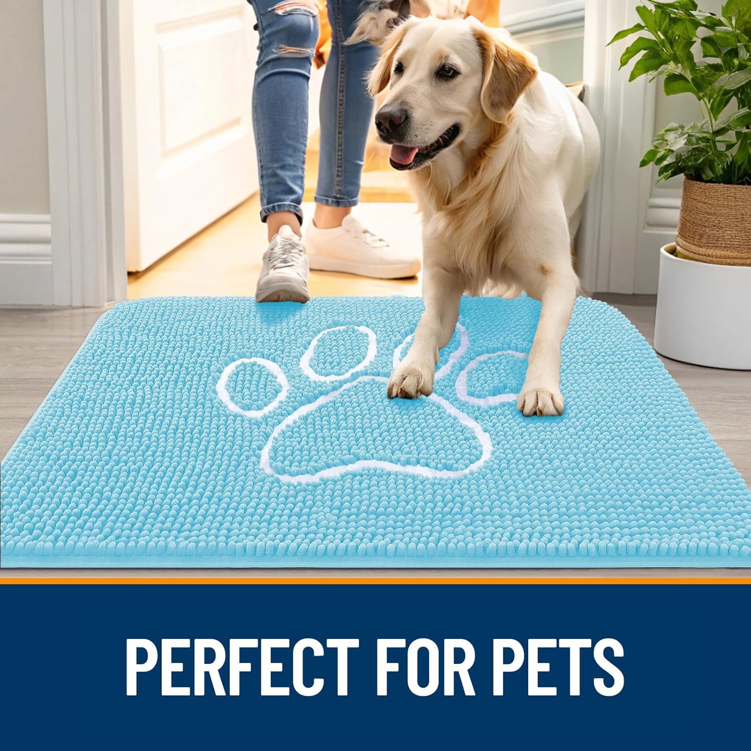 OLANLY Dog Door Mat - Absorbent Non-Slip Mud Mat for Muddy Paws | 40x32 Paw Print Design, Quick Dry Blue