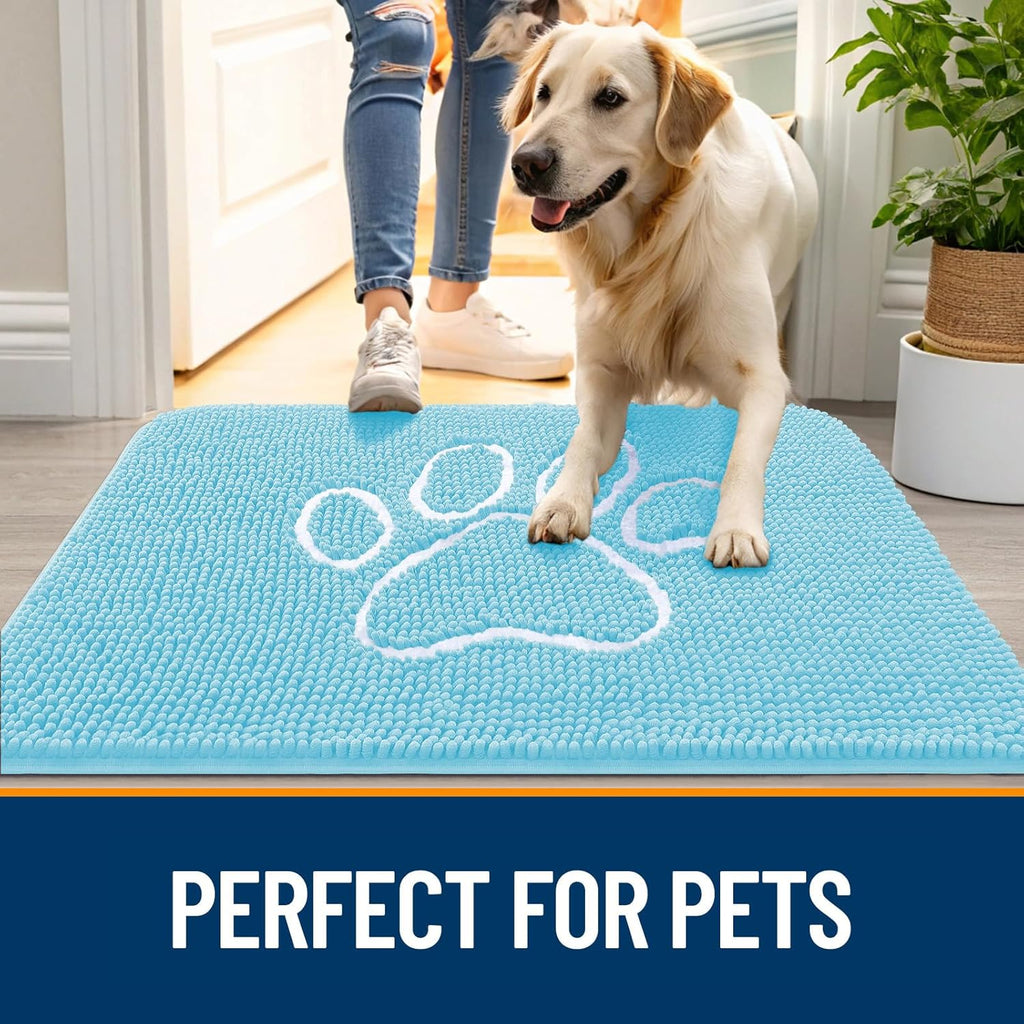 OLANLY Dog Door Mat - Absorbent Non-Slip Mud Mat for Paws | 24x16 Blue Chenille Design