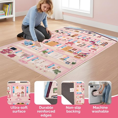 Rug&Play 4x6 Ultra Soft Pink Dollhouse Play Rug for Girls Room – Washable Non-Slip Area Rugs for Kid Bedroom & Kids Playroom Decor – Pink Princess Carpet for Girl & Toddler