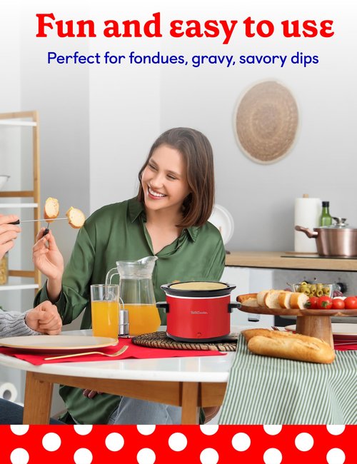 Betty Crocker 0.7-Quart Mini Slow Cooker, Chocolatier & Simmer Pot, Electric Pot with Removable Stoneware Crock, Cool Touch Handles, Tempered Glass Lid, Perfect for Fondue & Dips, BC-2555R, Red