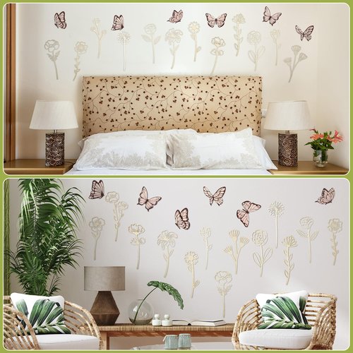Yalikop 72 Pcs Wooden Wildflowers Wall Decor Set Boho Nursery Decor for Girl Baby Bedroom Decals Flowers Cutout Signs Wooden Butterflies Art for Nursery Baby Room Home