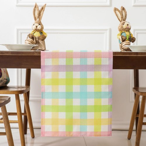 multiwins Easter Table Runner (13"x72") with 4 Placemats (12"x18") & 4 Gift Bags, Thick Fabric Pastel Buffalo Plaid Easter Decorations for Farmhouse Kitchen Dining Room Spring Party