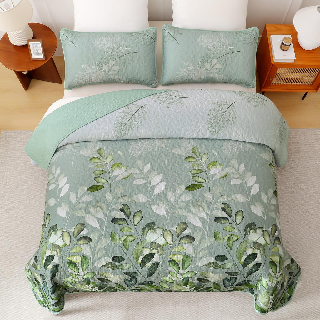 WONGS BEDDING Green Quilt Set King Size,3 Pieces Green Floral Bedspread Coverlet Set, Soft Microfiber Lightweight Floral Bedding Set King 104"×90"