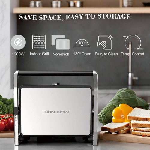 MUBENLIFE Panini Press, Electric Sandwich Press Grill, Open 180 Degrees, Electric Grill Indoor, Perfect for Grilling Sandwich, Steak, Burger, Adjustable Temperature Control, Non Stick Coating,GT60