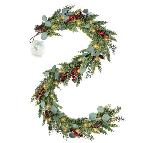 6ft Christmas Garland with Lights Artificial Cedar Cypress Garland with Pine Cones Garland for Home Fireplace Wall Indoor Outdoor Holiday Party Decoration