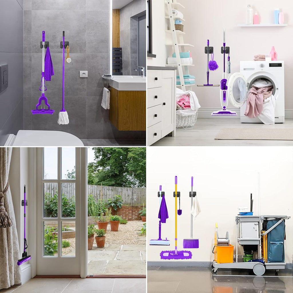 Stainless Steel Broom Holder - Heavy Duty & Rust Resistant | 4 Gripper Positions & Hooks, Black