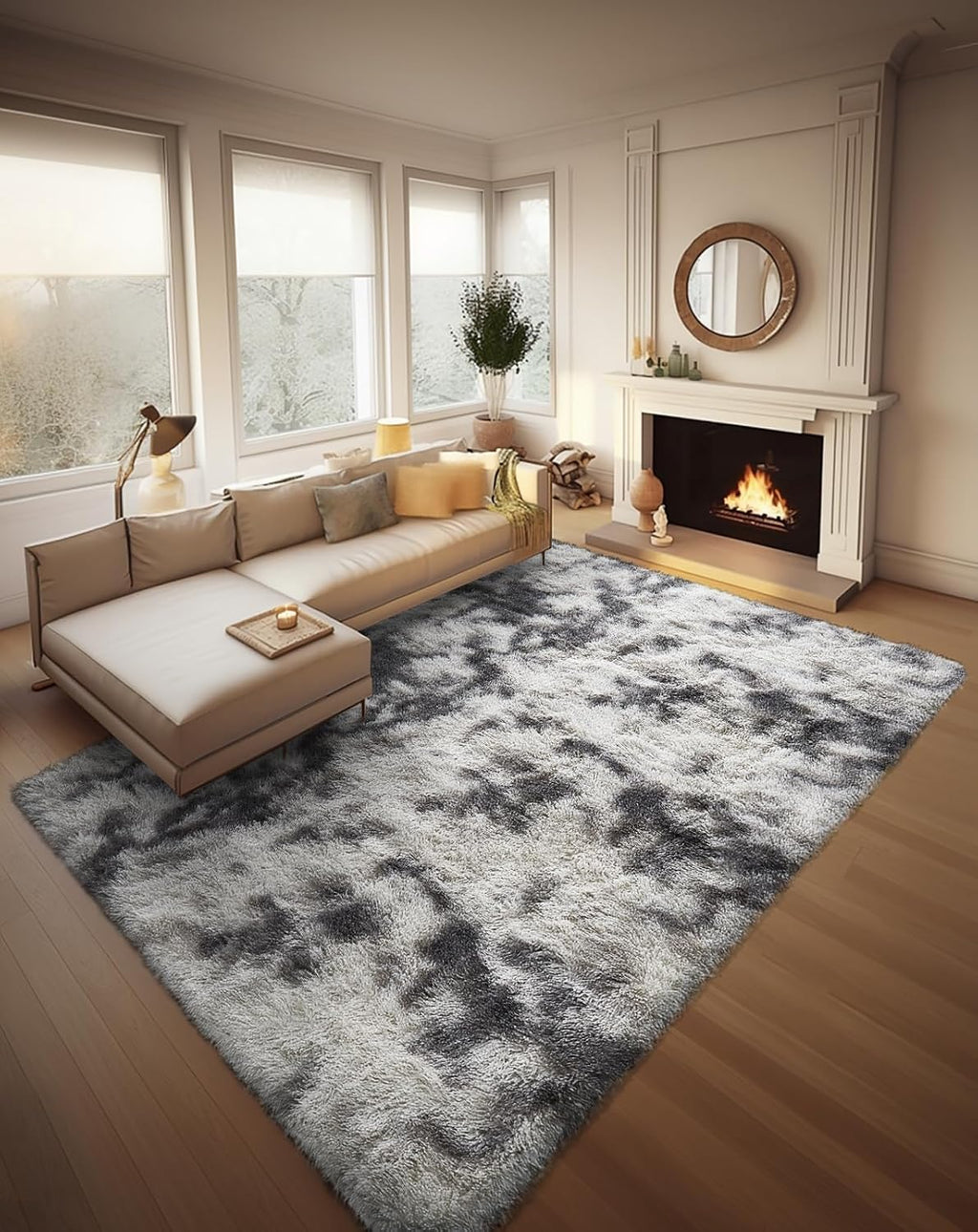 Ophanie Tie-Dyed Grey & White Area Rug - Large 8x10 Soft Shag Carpet for Living Room & Nursery Decor