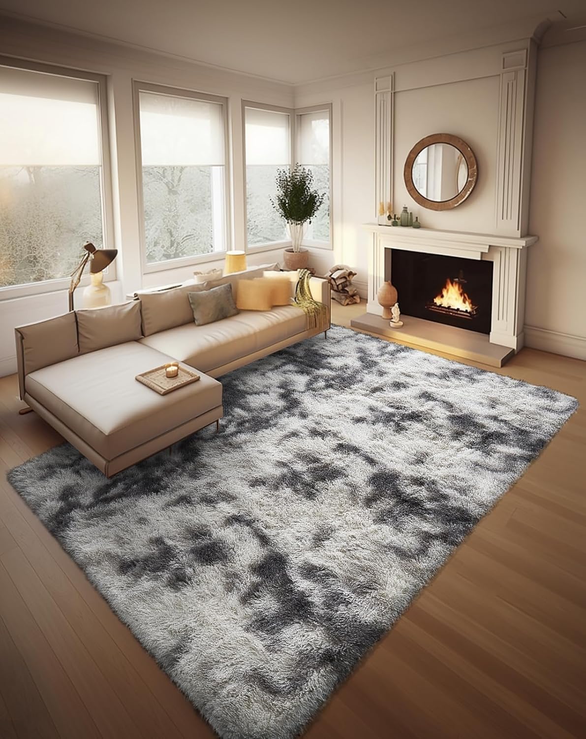 Ophanie Tie-Dyed Grey & White Area Rug - Large 8x10 Soft Shag Carpet for Living Room & Nursery Decor