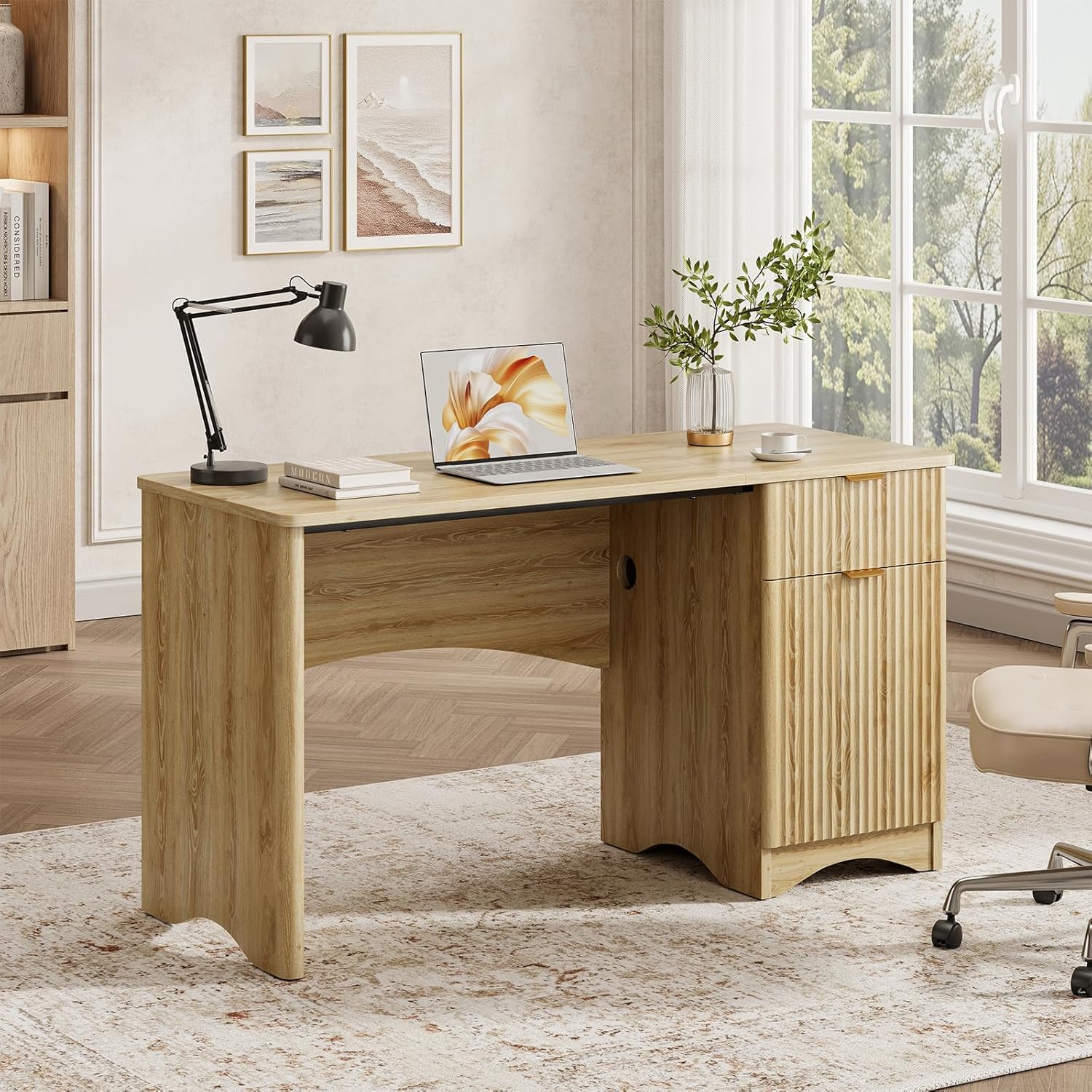 Bestier 47-Inch Fluted Computer Desk - Modern Wood Office Desk with Drawer & Storage Cabinet in Natural Oak