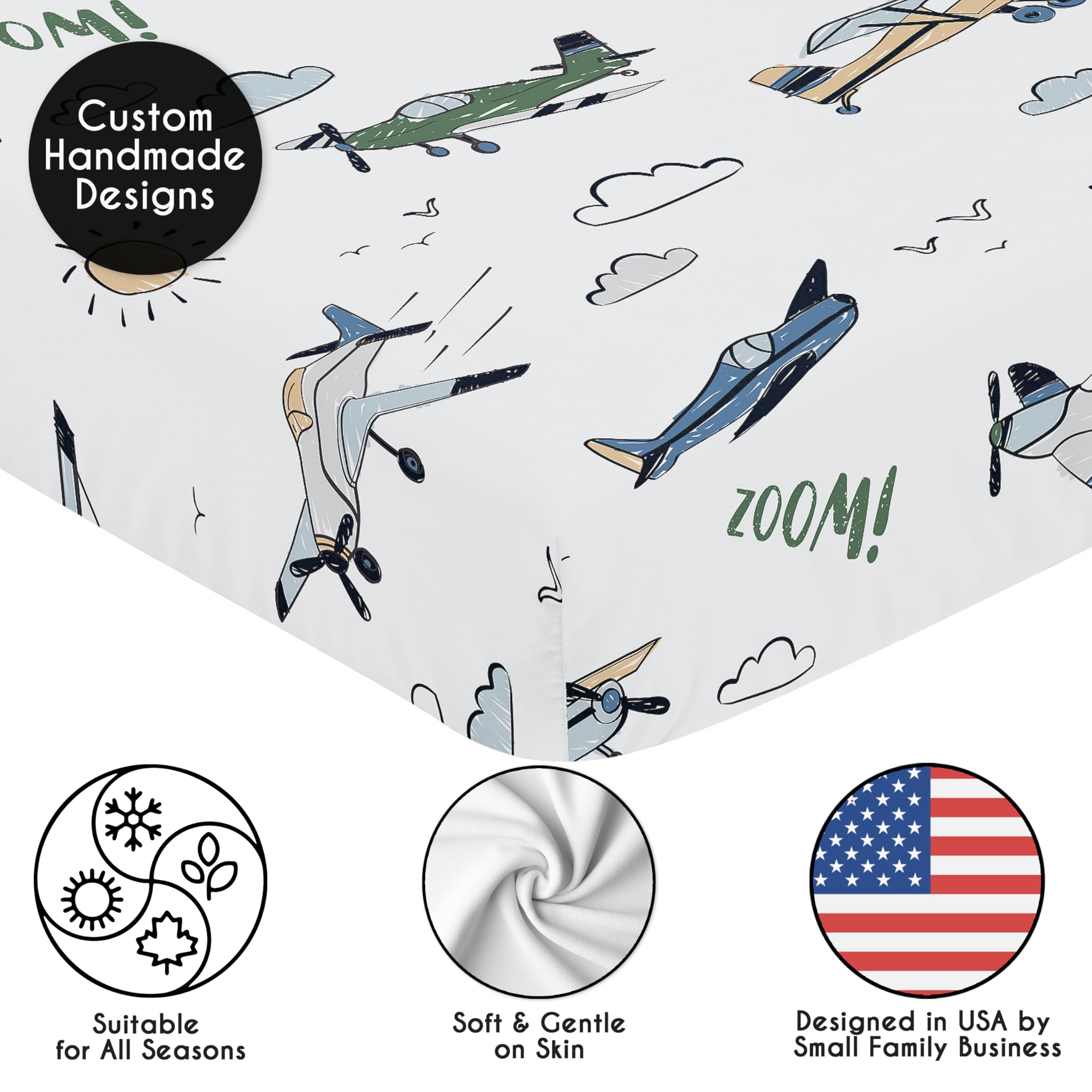 Sweet Jojo Designs 2-Piece Baby Crib Sheets Set (Vintage Airplane) for Boys, Infant Nursery, Toddler Room - Fitted, Standard Size (Airplanes, Plane, Transportation, Aviator, Clouds, Green, Slate Blue)