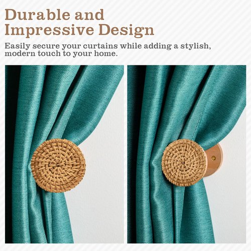 Leinuosen 2 Pack Boho Curtain Holdbacks Rattan Tiebacks Coastal Curtain Holdbacks for Curtains Wall Mounted Nautical Ocean Wooden Drapery Hook Rustic for Summer Home Office Bedroom Window(Round)