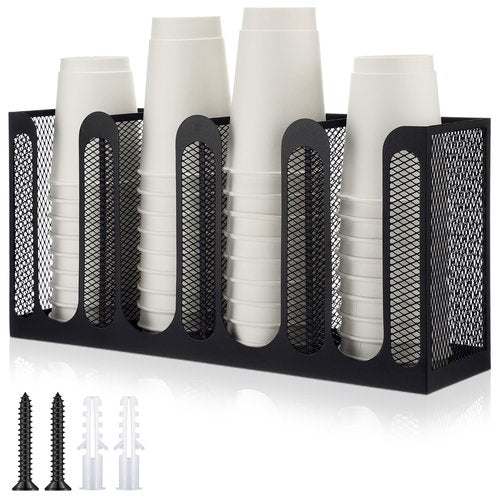 Maxcheck Metal Mesh Cup and Lid Holder Coffee Paper Cup Dispenser Lid Holder Storage Organizer Countertop or Wall Mount for Coffee Bar, Kitchen, Breakroom(4 Compartments,16.1 x 4.1 x 8 Inch)
