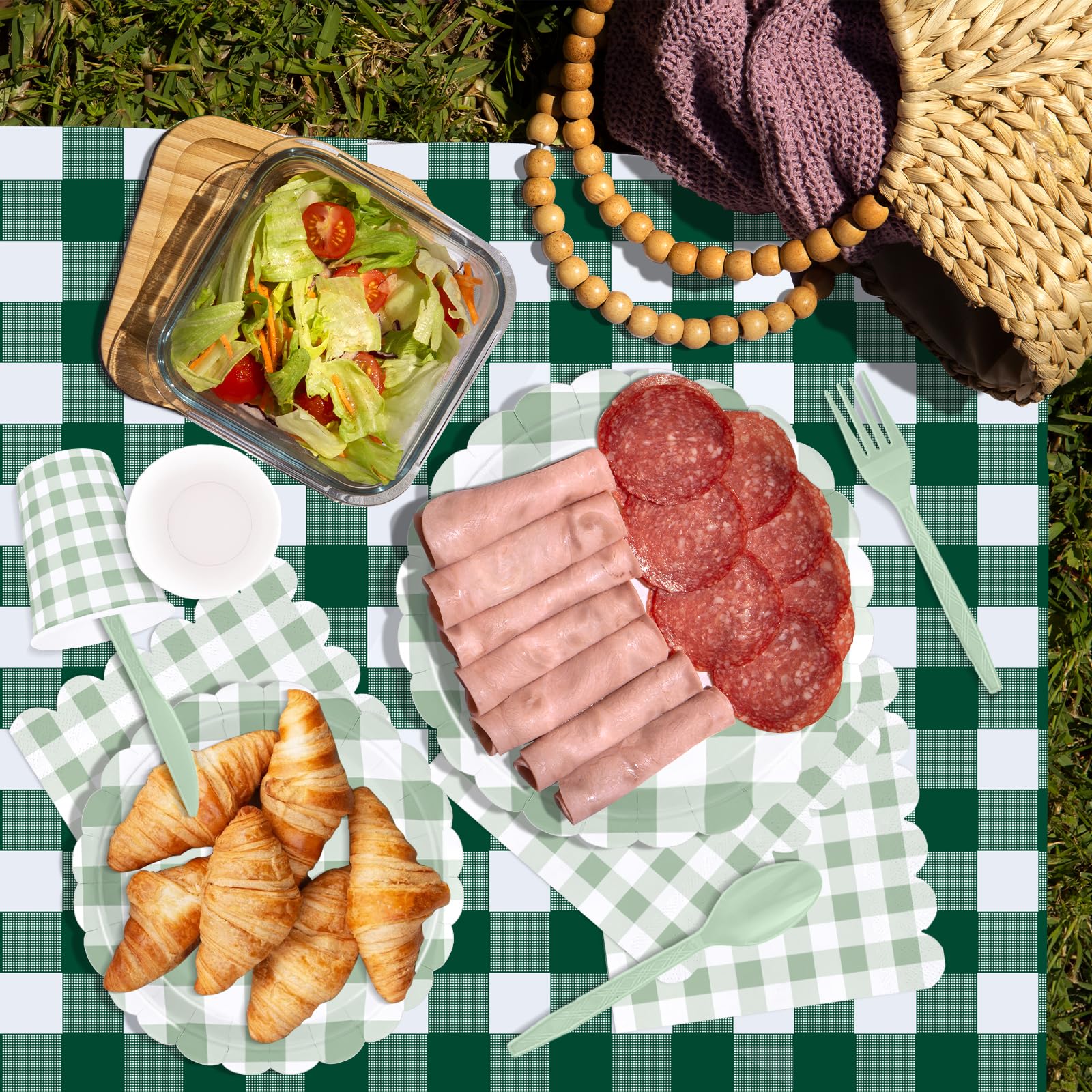 175 PCS Sage Green Gingham Plates and Napkins, Green Checkered Disposable Plates Set with Napkins Cups Plastic Spoons Forks Knives for Dinner Birthday Baby Shower Wedding Supplies Serve 25 Guests